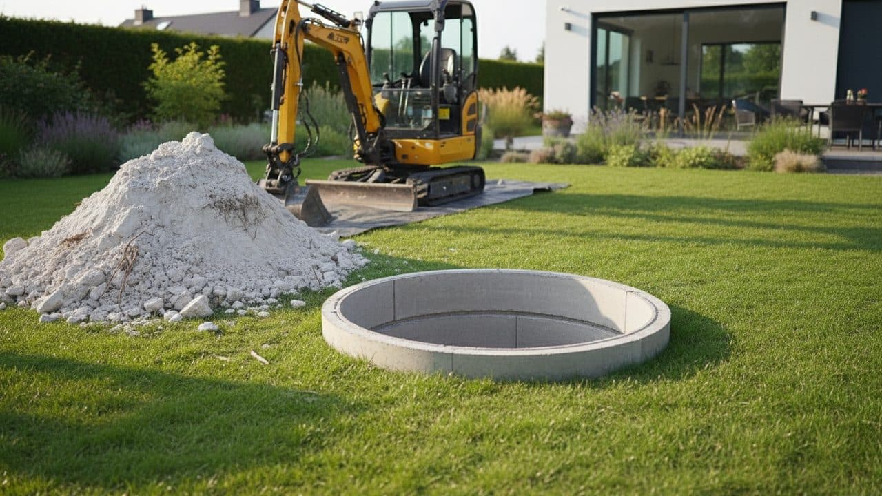 Mini-pelle et anneau de béton posé au fond de la fouille, pendant le chantier d’un puits