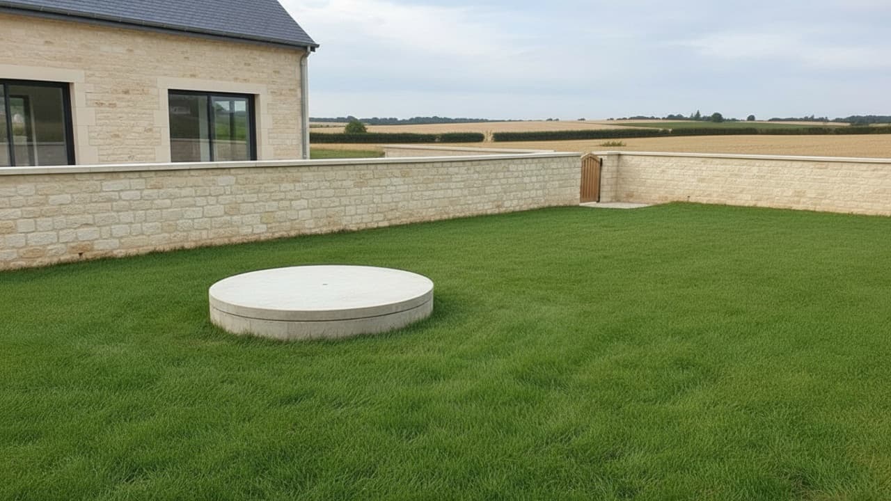 Puits neuf fermé par une dalle ronde, sur la pelouse d’une maison sparnacienne