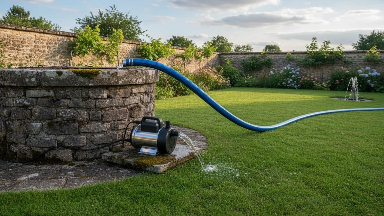 Pompe qui vide un puits en pierre pendant le curage, l’eau rejetée sur la pelouse