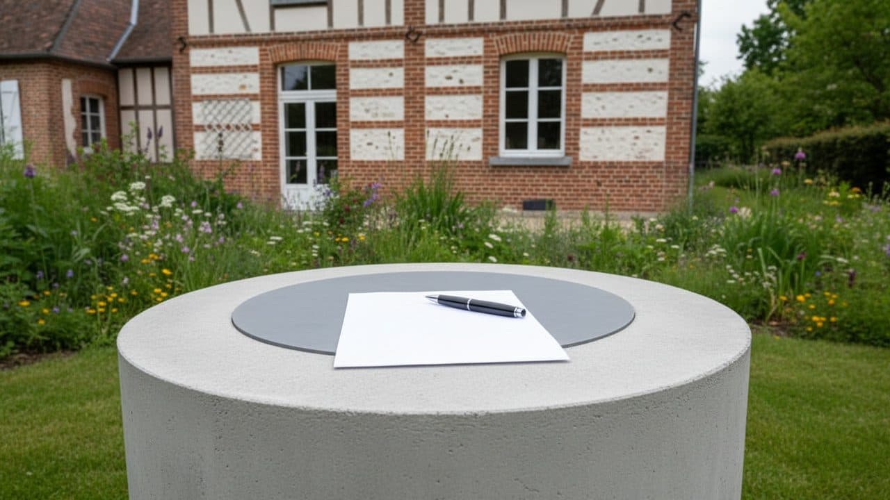Formulaire de déclaration posé sur le capot d’un puits terminé, dans un jardin de la Marne
