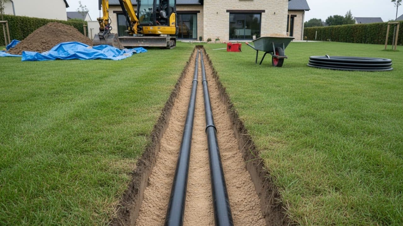 Tranchée où passent les tubes noirs d’une géothermie reliée à la maison