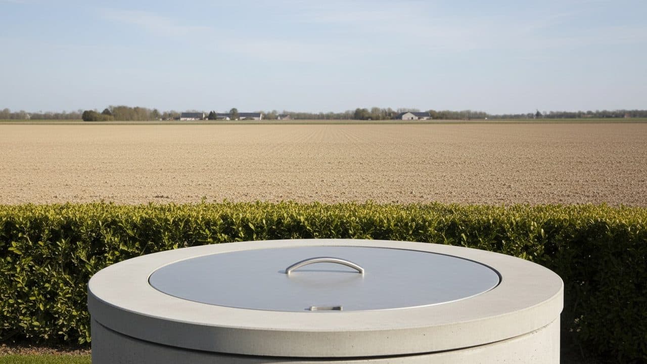 Tête de puits en béton fermée par un capot, au bord d’un champ des Ardennes