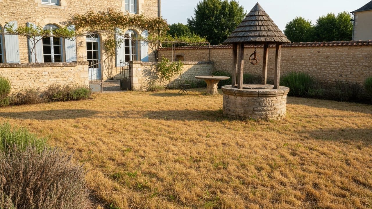 Ancien puits couvert d’un petit toit, dans la cour d’une maison troyenne en pierre