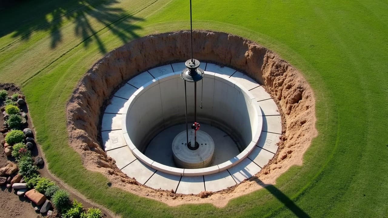 Buse béton descendue à l’intérieur d’un puits en cours de creusement, vue de dessus dans un jardin ordonné