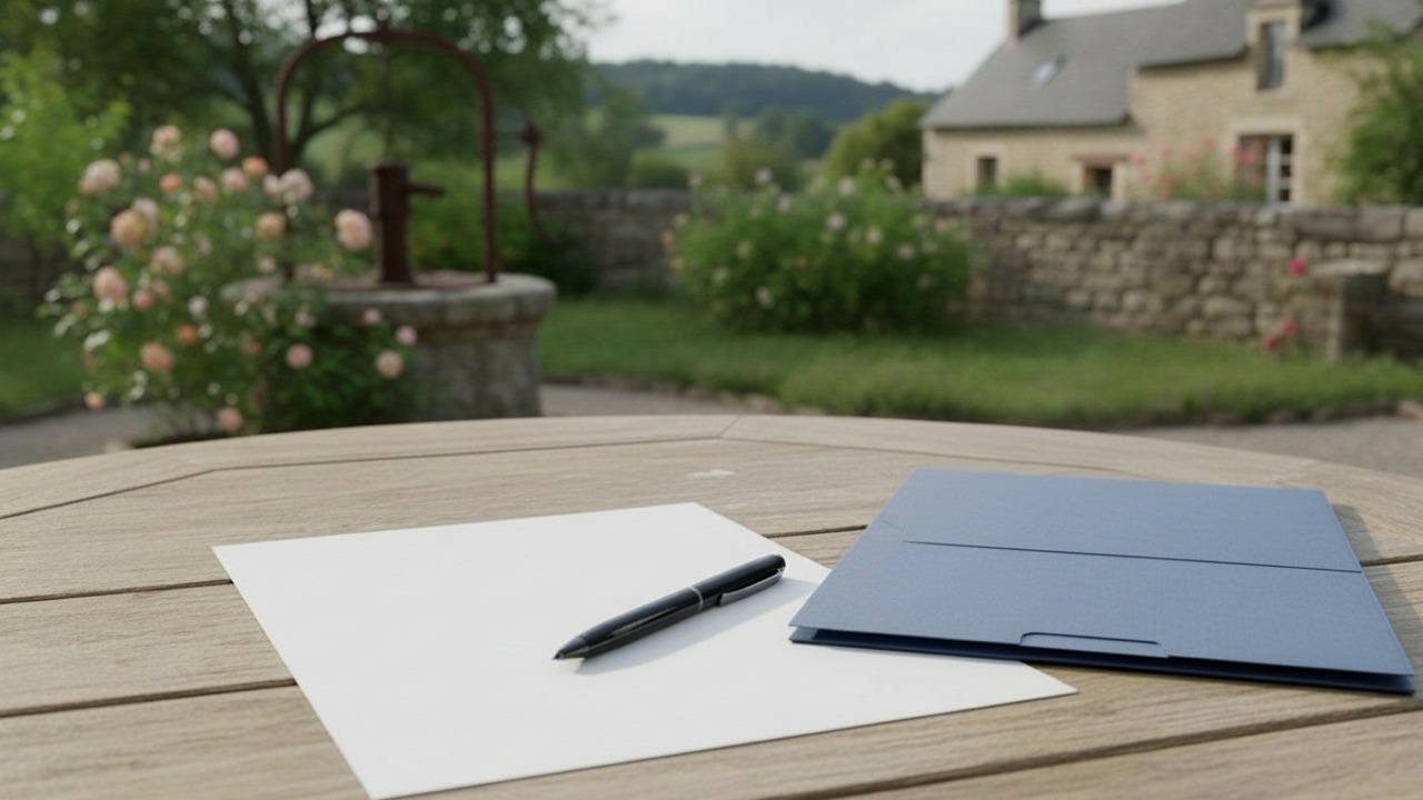 Feuille blanche et stylo sur une table de jardin, à côté d’un café, vieux puits en pierre au fond
