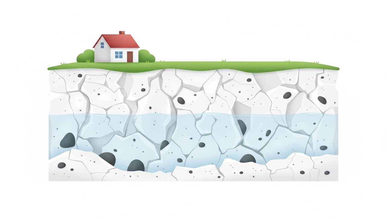 Coupe simple de la craie fissurée, avec l’eau dans les fissures et le niveau de la nappe sous un jardin