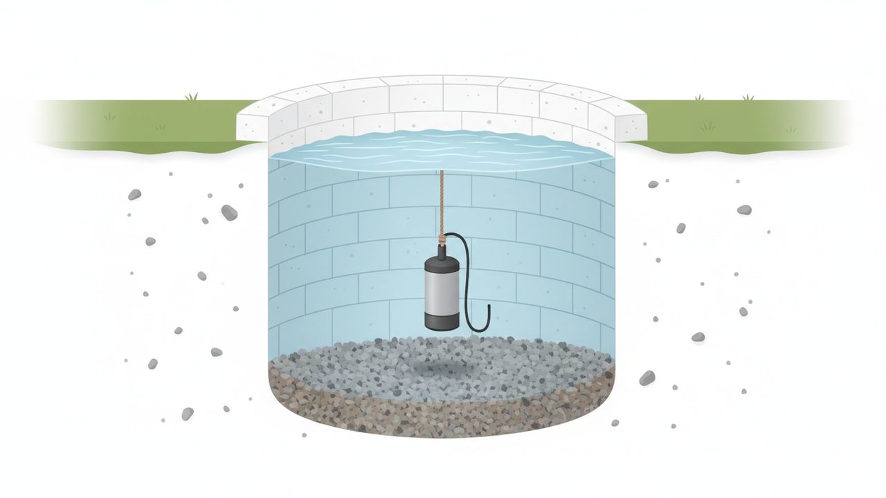 Coupe d’un puits avec la pompe immergée suspendue dans l’eau, au-dessus du gravier du fond