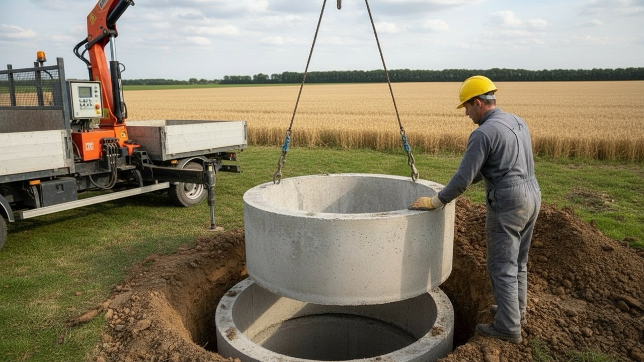 Buse béton guidée à la main au-dessus d’un puits en cours de pose, levée par la grue d’un camion